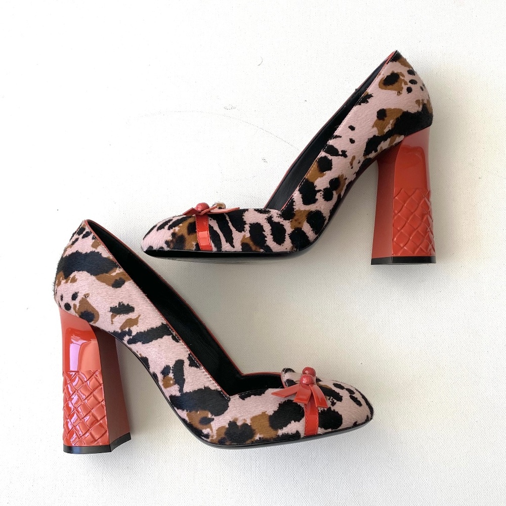 Bottega Veneta Pony Hair Leopard Print Fire-Orange Heeled Pump
